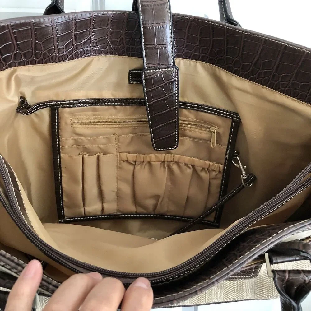 CROFT AND BARROW TOTE BAG LAPTOP BROWN/TAN SHOULDER CROCODILE & CAVANAS